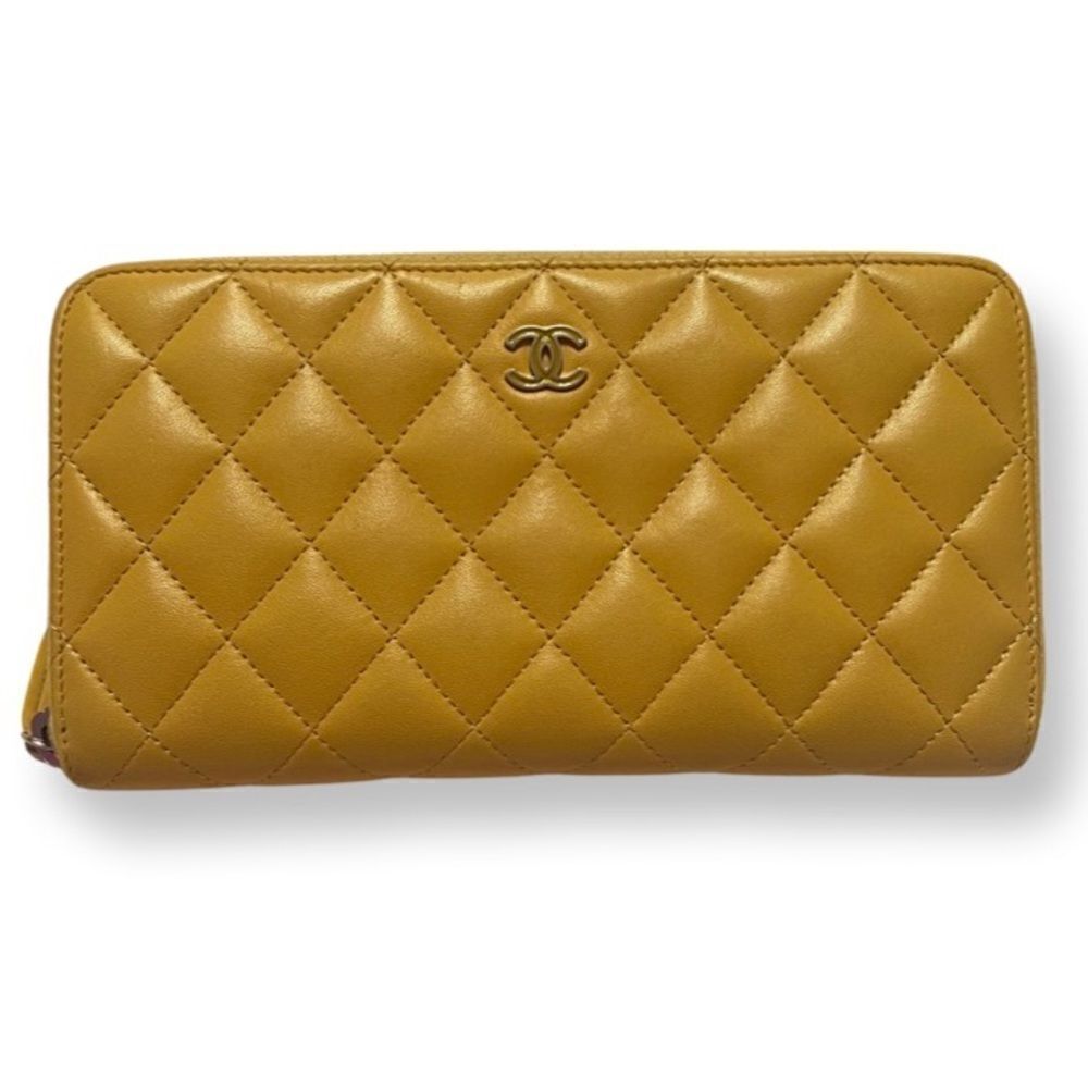 Chanel Yellow Lambskin Quilted Long Zip Around Wallet